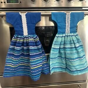 Handmade Kitchen Dish Towels Dresses Oven Door Dishwasher Hanging Blue Stripes